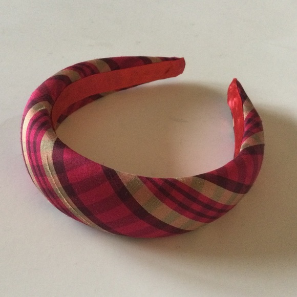 BIEN ABYE FUCHSIA MADRAS PLAID SILK HEADBAND PINK RED GOLD NWOT main image 8